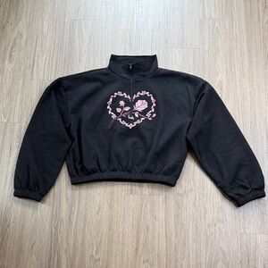 Black Quarter-Zip Fleece Cropped Sweatshirt with Pink Floral Design
